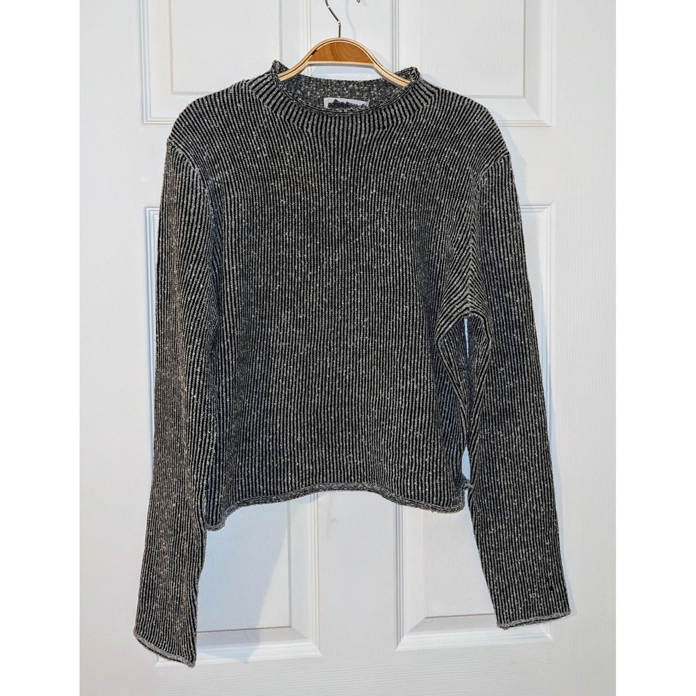 Cotton Emporium Ribbed Knit Top‎ Mock Neck Long Sleeve Black Silver L NWOT